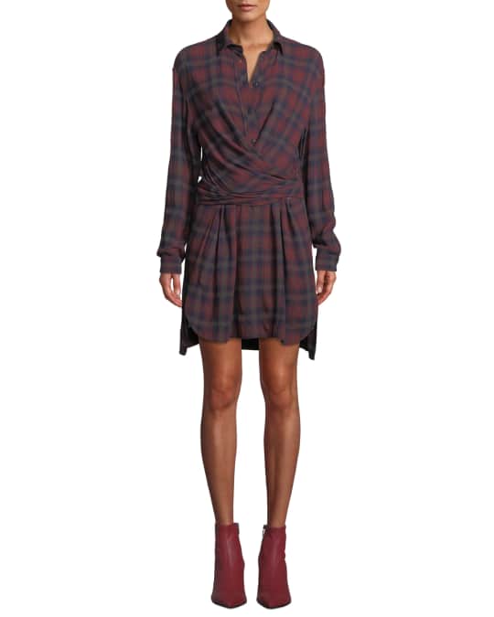 Felicity Plaid Wrap Front Long Sleeve Shirtdress