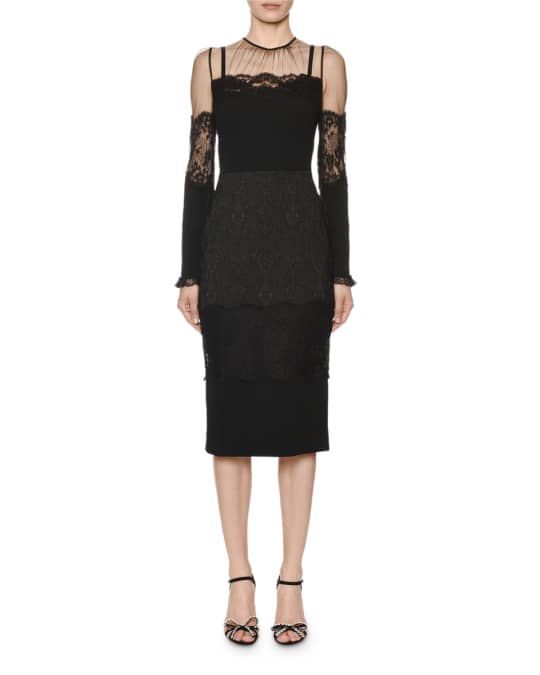 Dolce&Gabbana Long-Sleeve Sheer-Yoke Lace-Trim Midi Dress | Neiman Marcus