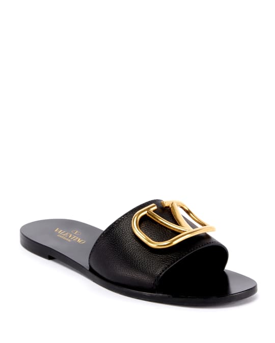 Valentino Garavani VLOGO Flat Leather Slide Sandals | Neiman Marcus