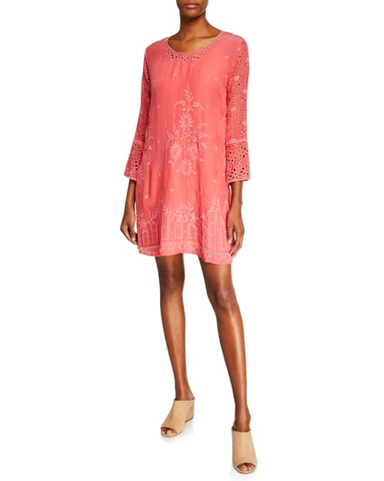 Johnny Was Connor 3/4-Sleeve Eyelet-Embroidered Dress w/ Slip | Neiman ...