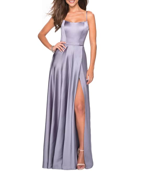 La Femme Square-Neck Sleeveless Satin Gown with Strappy Open-Back ...