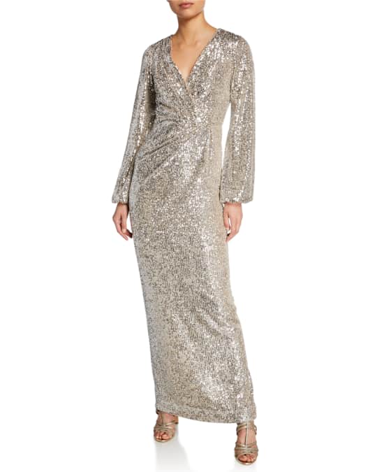 Pamella Roland Long-Sleeve Sequined V-Neck Gown | Neiman Marcus
