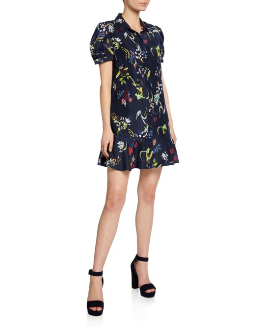 Tanya Taylor Aliciana Floral-Print Short-Sleeve Mini Flounce Dress ...