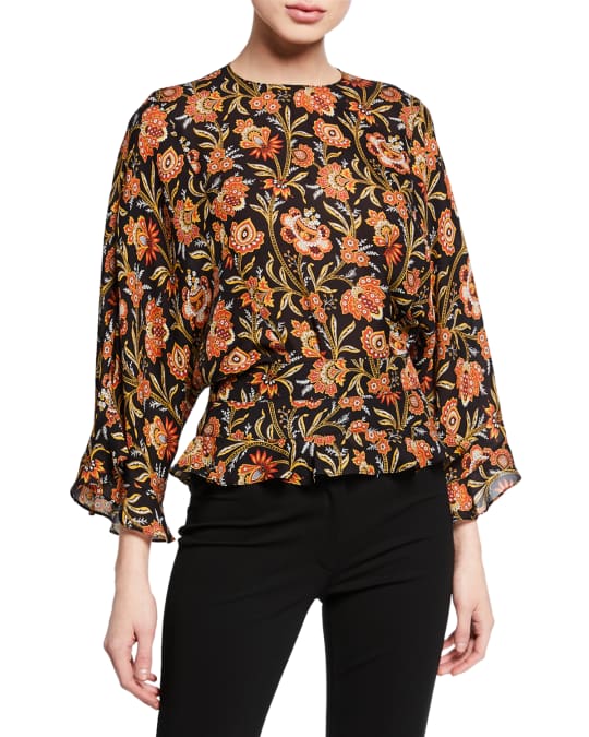 Short-Sleeve Indian Floral Print Ruffled Blouse