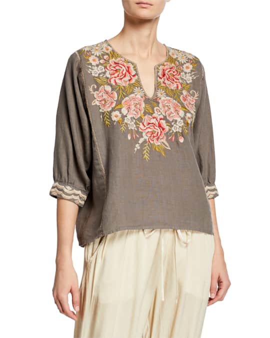 Johnny Was Plus Size Cecile Floral-Embroidered Boxy Linen Peasant ...