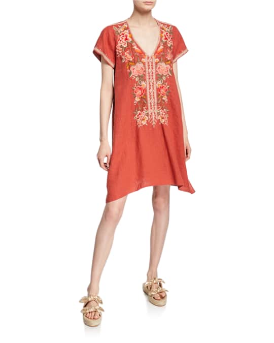 Johnny Was Plus Size Paola Floral Embroidered Short-Sleeve Draped Linen ...