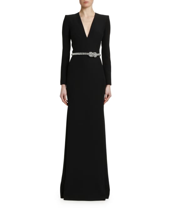 Alexander McQueen Crystal-Belted V-Neck Long-Sleeve Gown | Neiman Marcus