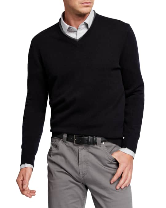 Neiman Marcus Men's Cashmere Sweater with Contrast V-Neck | Neiman Marcus