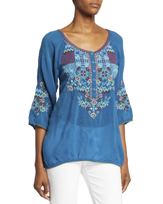 Johnny Was Muna Embroidered Scoop-Neck 3/4-Sleeve Georgette Blouse ...
