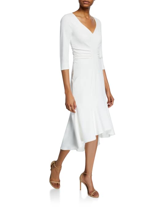 Halston Wide V-Neck Ruched Waist High-Low Crepe Dress | Neiman Marcus