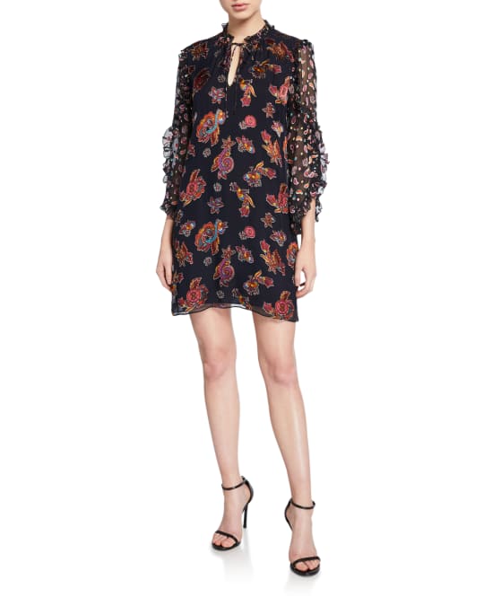 Alice + Olivia Julius Floral Ruffle-Sleeve Mini Shift Dress | Neiman Marcus