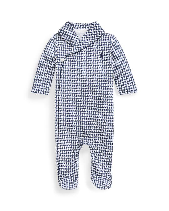 Long-Sleeve Shawl-Collar Houndstooth Footie Pajamas, Size 3-9 Months