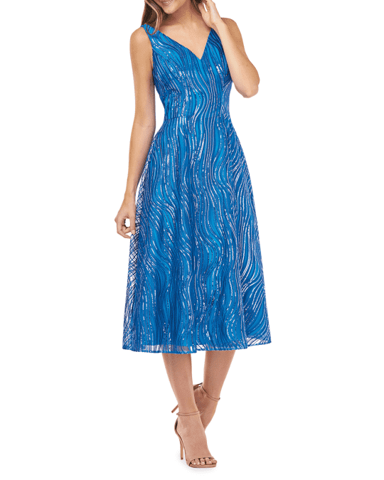 Carmen Marc Valvo Infusion V Neck Novelty Sequin A Line Dress