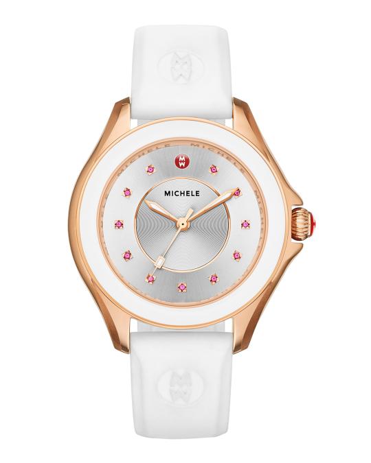 MICHELE Cape White Silicone Strap Watch with Pink Topaz Dial 