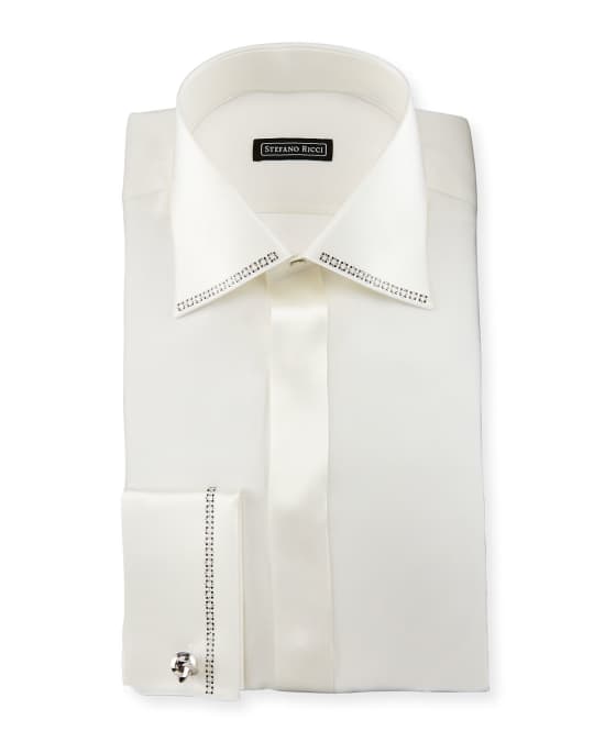 Stefano Ricci Crystal-Trim Silk French-Cuff Tuxedo Shirt | Neiman Marcus