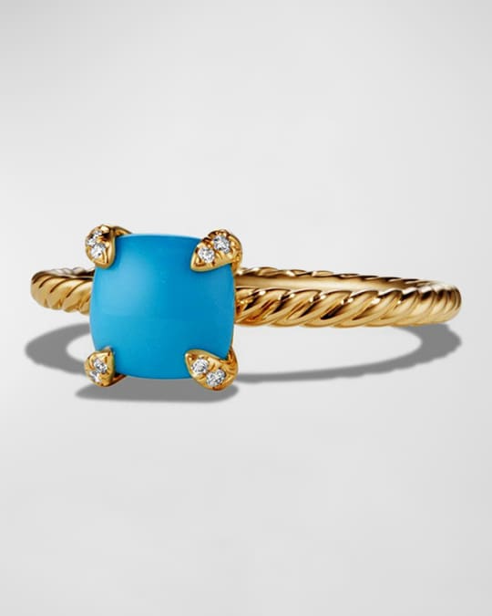 Chatelaine Pave Ring in 18K Gold with Turquoise, Size 7