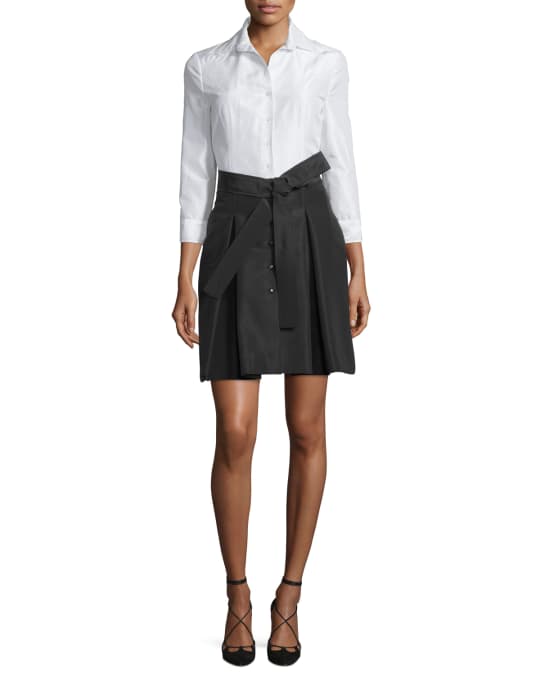 3/4-Sleeve Colorblock Trench Dress, White/Black