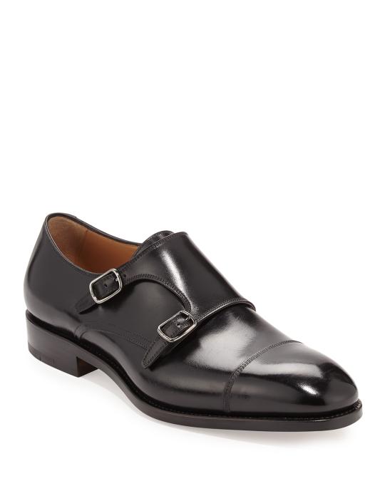 FERRAGAMO Men's Tramezza Calfskin Double-Monk Shoe, Black | Neiman