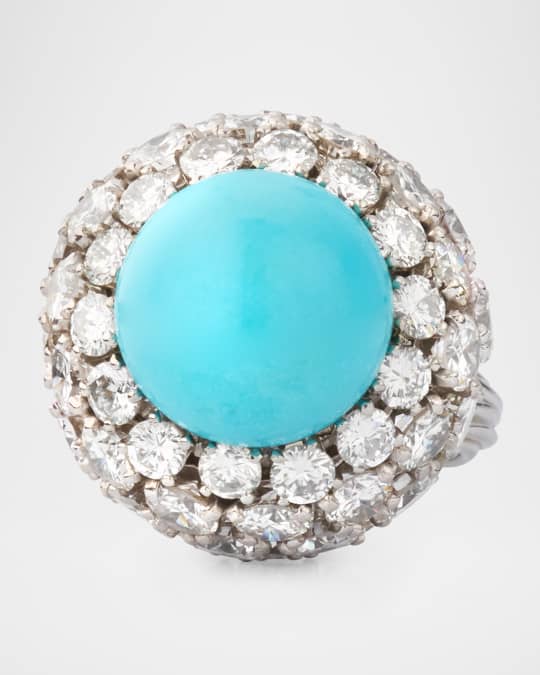 Estate Platinum Turquoise and Diamond Dome Statement Ring, Size 6