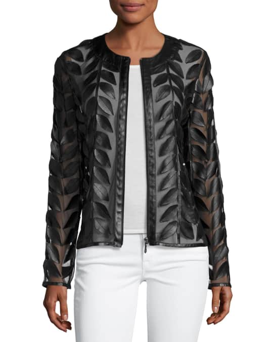 Neiman Marcus Leather Collection Leather Leaf-Trimmed Sheer Organza ...