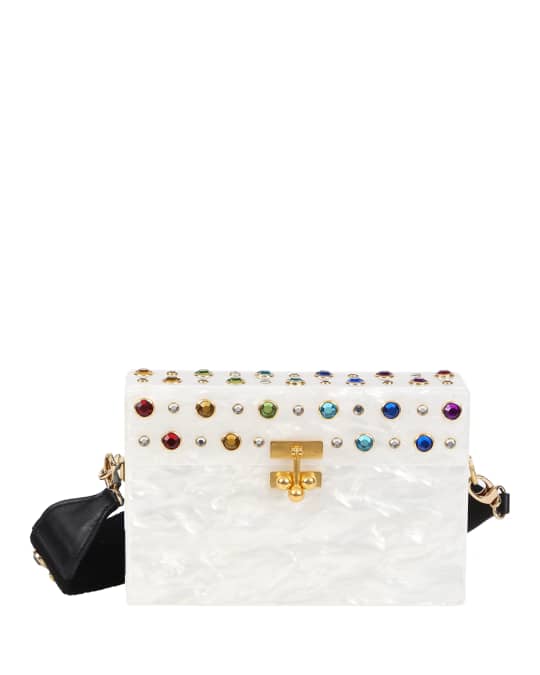 Edie Parker Small Trunk Studded Crossbody Bag, White/Rainbow Neiman