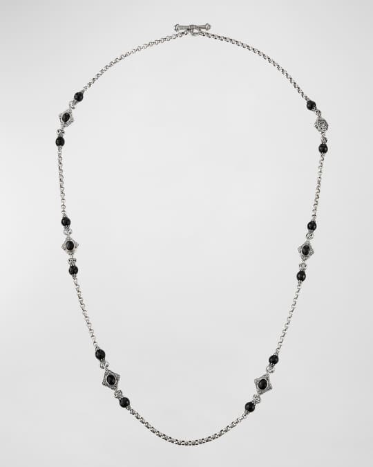 Carved Sterling Silver & Black Onyx Station Necklace, 36"L