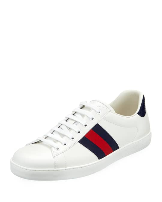 Gucci Men's New Ace Leather Low-Top Sneakers, White Pattern | Neiman Marcus