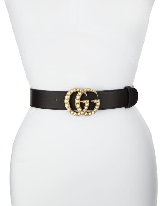 Smooth Leather Belt w/ Pearlescent Beads, Black
