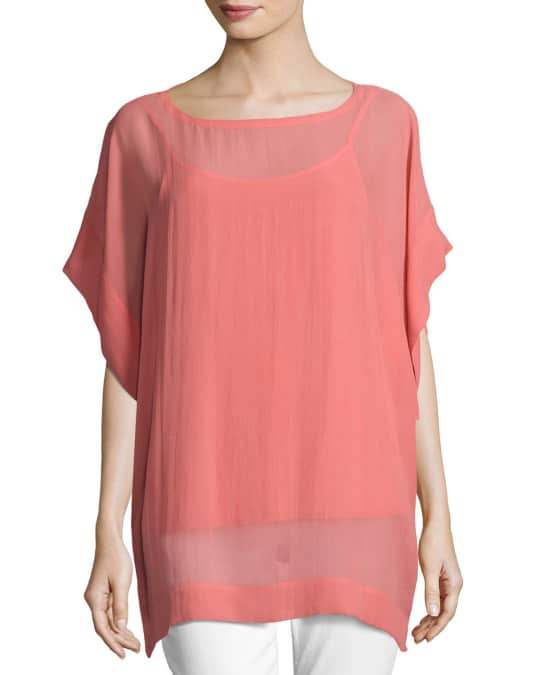 Eileen Fisher Bateau-neck Sheer Silk Georgette Top in Red