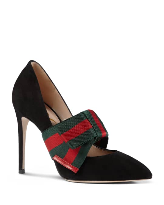 Gucci Sylvie Suede Web Mary Jane Pumps, Black | Neiman Marcus