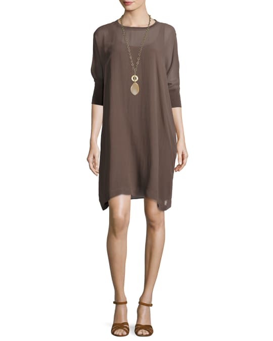Eileen Fisher Silk Georgette Round-Neck Shift Dress, Petite | Neiman Marcus