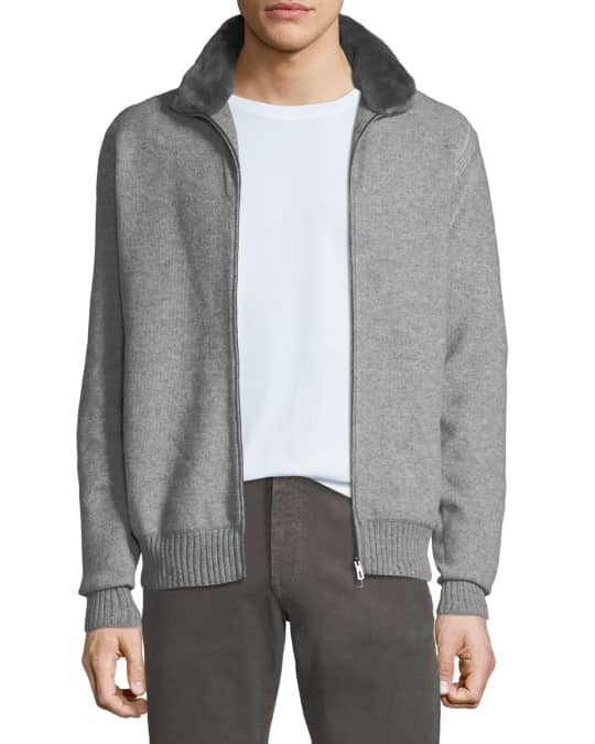 Men's Fur-Trim Cashmere Bomber Cardigan Sweater