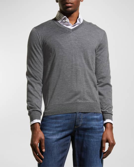 Brunello Cucinelli Fine-Gauge Tipped V-Neck Sweater | Neiman Marcus