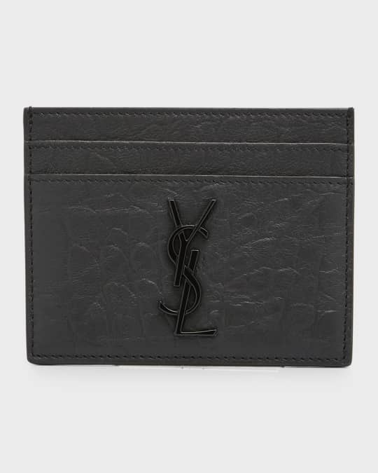 Croc Effect Leather Card Holder in Black - Saint Laurent