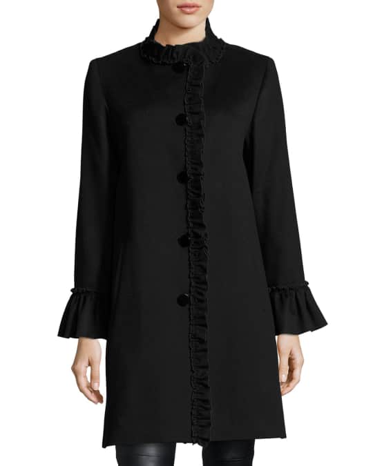 Button-Front Ruffled-Neck Wool Coat
