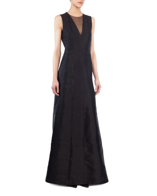 Akris Sleeveless V-Neck Illusion Silk Shantung A-Line Evening Gown ...