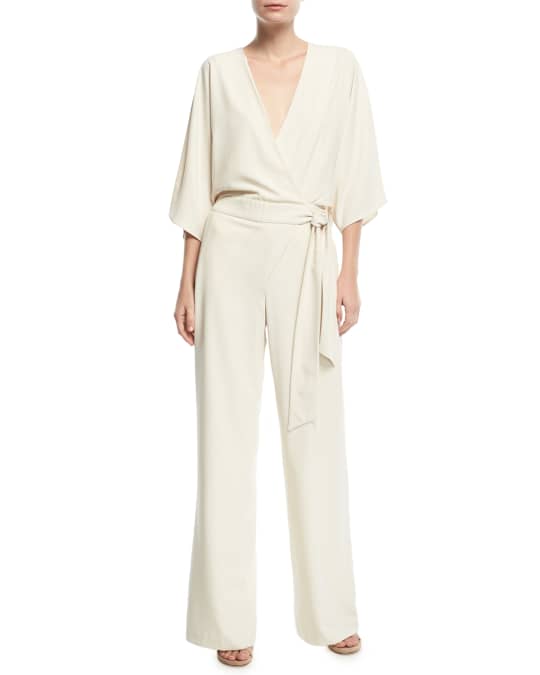 Halston Wide Leg 3 4 Sleeve Wrap Front Jumpsuit w Tie Waist