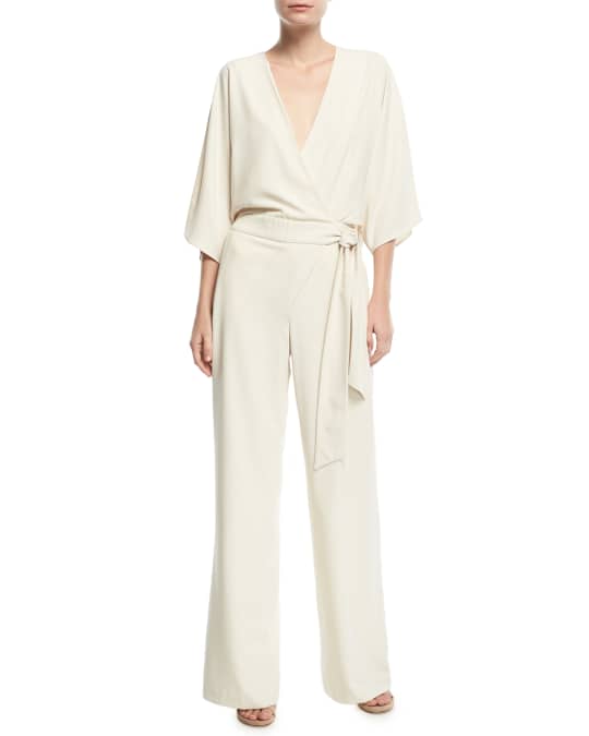 Halston Wide-Leg 3/4-Sleeve Wrap-Front Jumpsuit w/ Tie Waist | Neiman ...