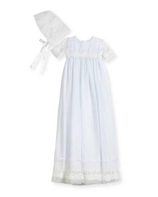 Isabel Garreton Blessing Embroidered Tulle Extra Long Christening Gown w Bonnet White 6 12 Months
