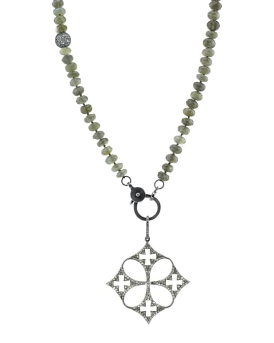 Gray Moonstone Beaded Necklace with Diamond Malta Cross Pendant