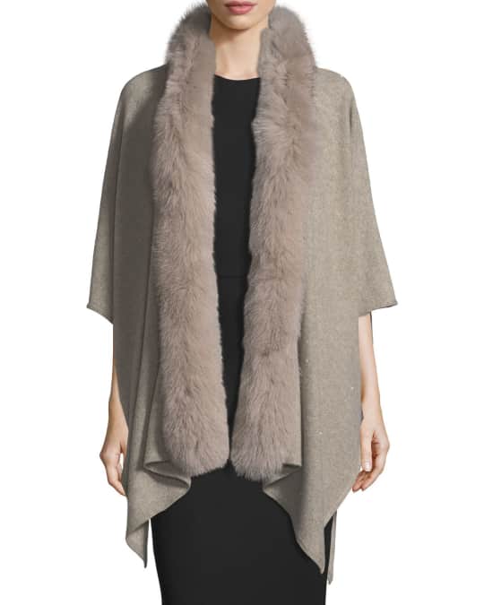 Sofia Cashmere Cashmere-Blend Sequin Ruana Wrap w/ Fur Trim | Neiman Marcus