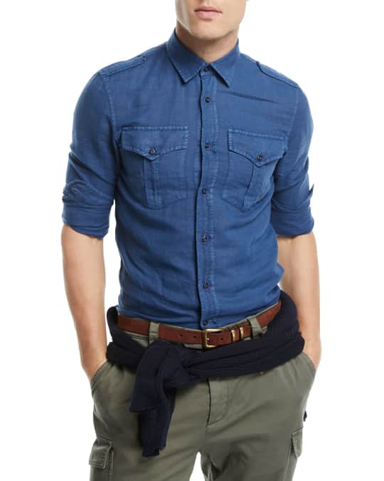 Brunello Cucinelli Linen-Blend Double-Pocket Denim Shirt | Neiman Marcus