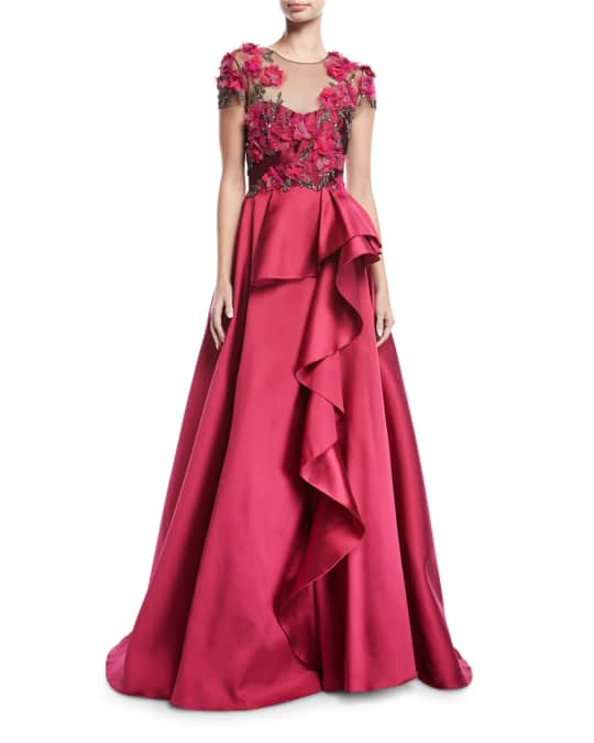 Marchesa Notte Floral-Bodice Illusion Ball Gown | Neiman Marcus