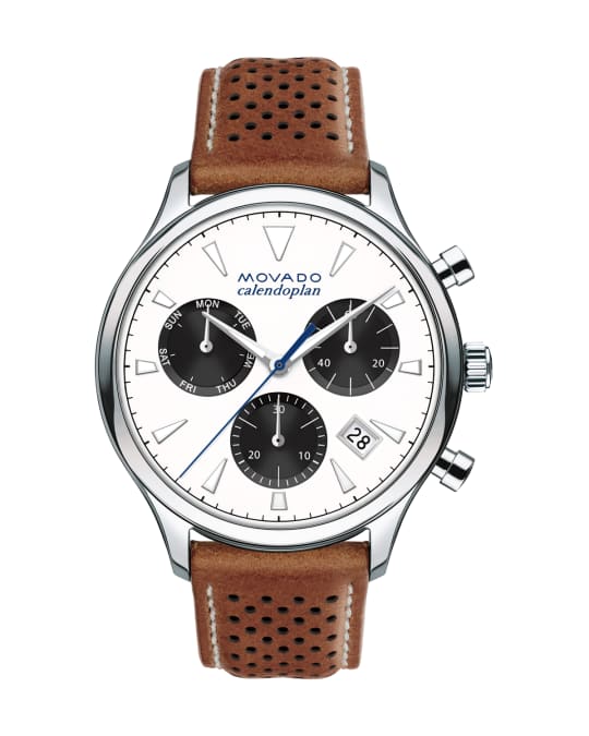 43mm Heritage Calendoplan Chronograph Watch with Perforated Leather Strap