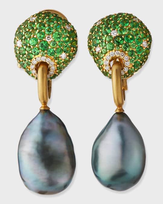 18k Tsavorite Diamond Earrings w Detachable Pearls