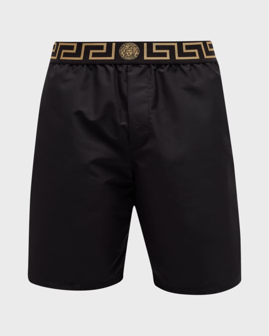 Versace Long Swim Trunks w/ Greek Key Waistband | Neiman Marcus