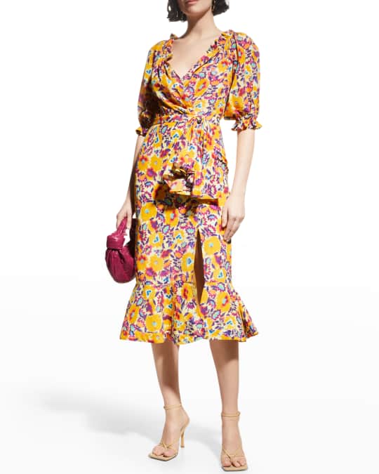 Saloni Olivia Velvet Burnout Midi Flounce Dress Neiman Marcus