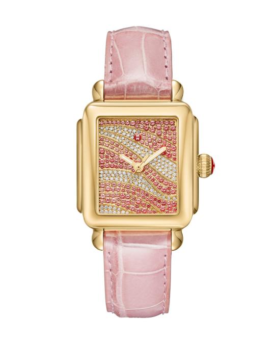 MICHELE Deco 18 Sapphire & Diamond Watch with Pink Alligator  display picture 2
