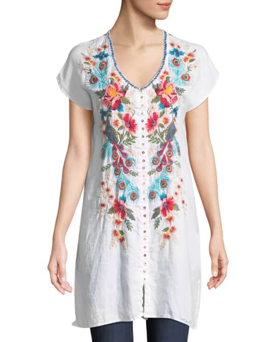 Johnny Was Vernazza Embroidered Linen Tunic Dress | Neiman Marcus