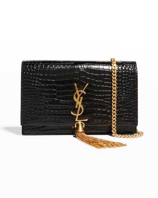 Saint Laurent Kate Monogram Ysl Medium Crocodile-Embossed Tassel Shoulder Bag Noir